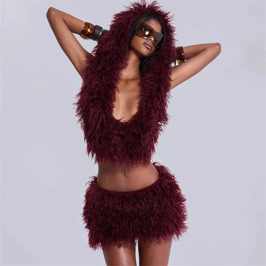 Women's faux fur 2-piece set with lace-up backless tank top and bodycon mini skirt from TrendLux Wear, perfect for night out.