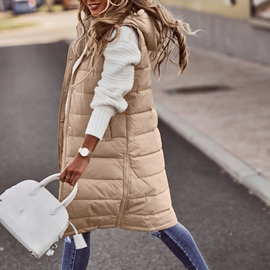 Women’s Long Hooded Puffer Vest – Quilted Cotton-Filled Sleeveless Winter Coat with Pockets