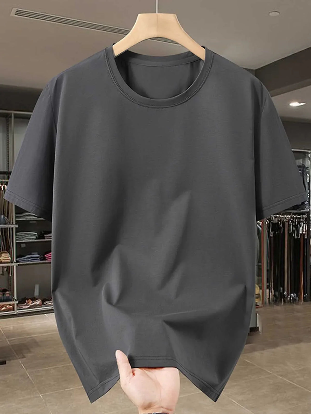 Men's TrendLux Wear crewneck T-shirt in black, red, khaki, or navy, soft breathable polyester fabric, available in S to XXL.