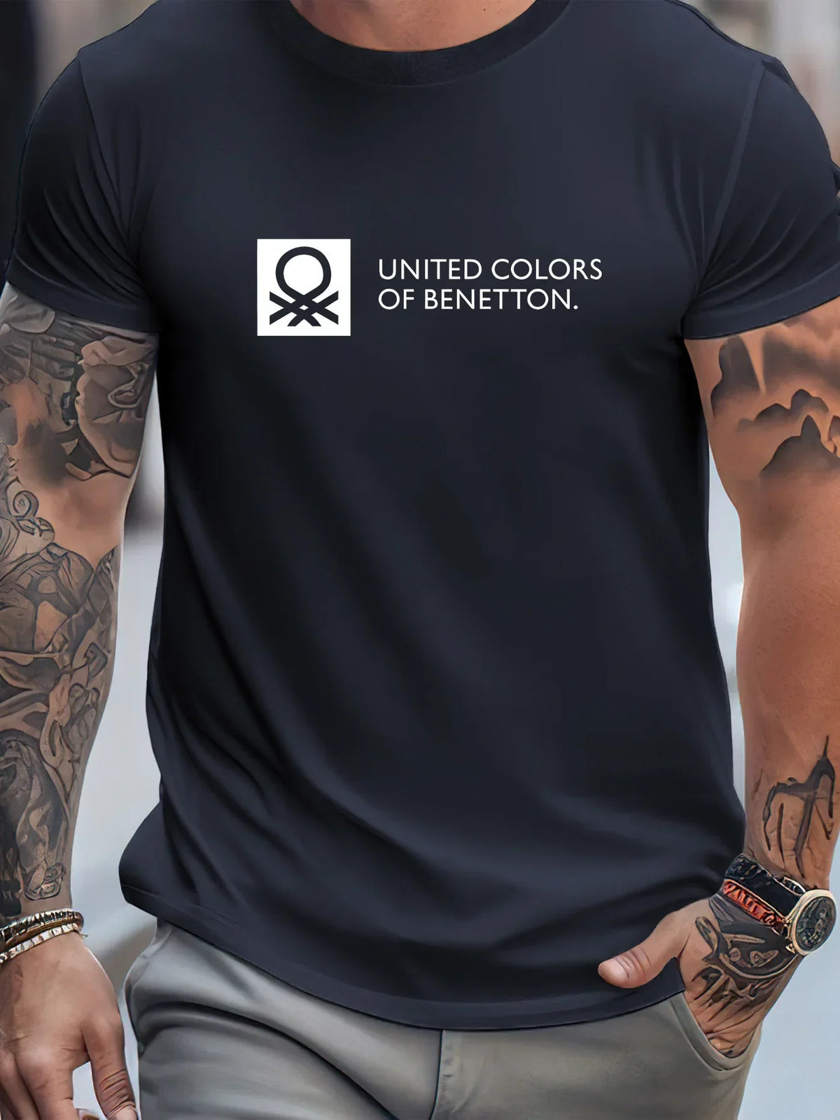Men's quick-dry graphic T-shirt by TrendLux Wear in navy with white print, breathable polyester crewneck shirt, available in sizes S to XXL.