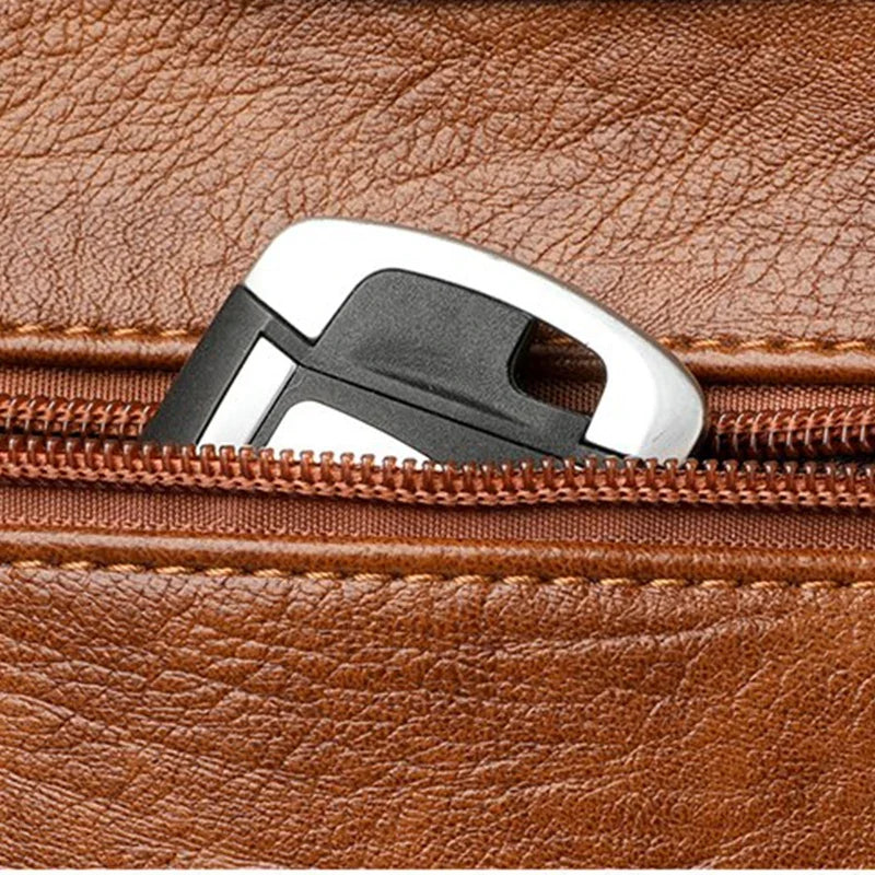 Close-up of a brown leather shoulder bag with a zipper, showcasing a black and white zipper pull.