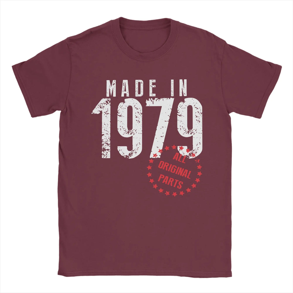 Men's vintage 1979 birthday T-shirt by TrendLux Wear in khaki, burgundy, or army green, featuring a retro graphic design.