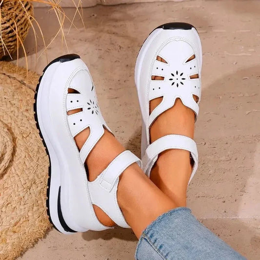 Women's PU buckle strap wedge sandals by TrendLux Wear featuring closed toe design and stylish office-appropriate look.