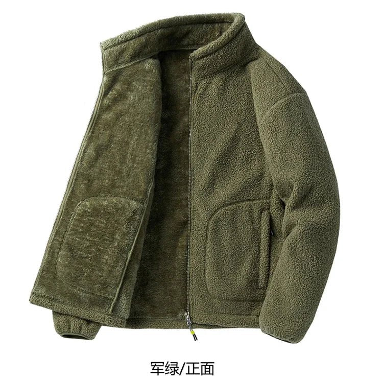 Men's loose fleece streetwear jacket with stand collar in plus sizes by TrendLux Wear, shown in black fabric with relaxed fit.