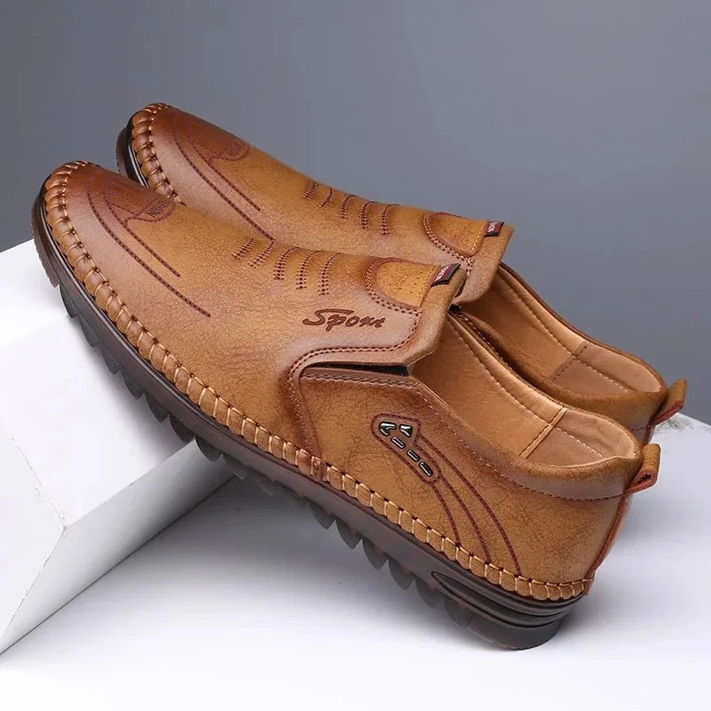 Men's handmade PU leather moccasin sneakers with soft soles and breathable design, casual and business loafers from TrendLux Wear.