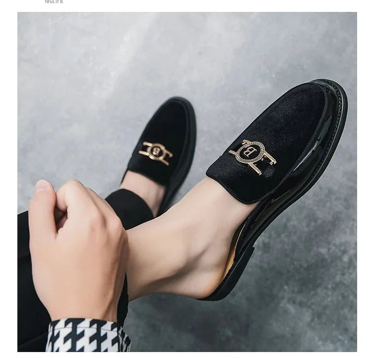 Men's black faux suede slip-on mules by TrendLux Wear, breathable summer casual loafers in EU sizes 35-47, featuring sleek design.