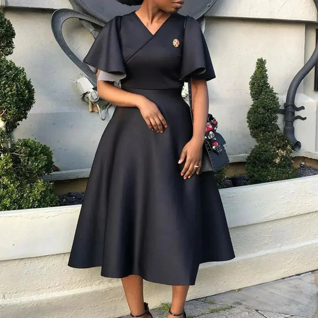TrenLux Wear Women's Polyester High Waist Flare Sleeve Pleated A-Line Midi Dress The Glow Sanctuary
