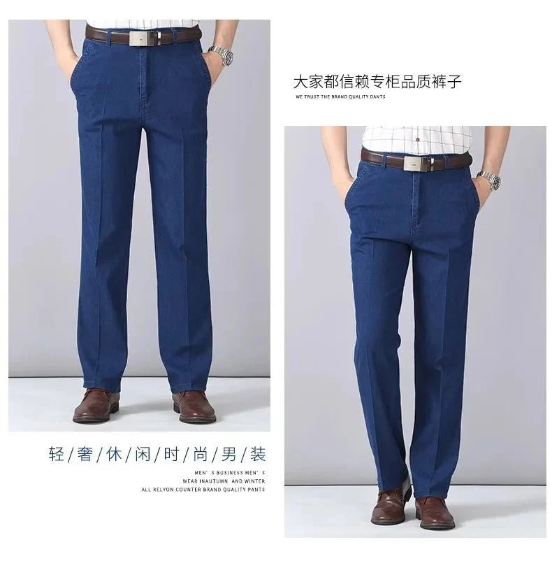 Men's high-waist straight leg cargo jeans by TrendLux Wear with elastic waist, perfect for spring and summer casual wear.