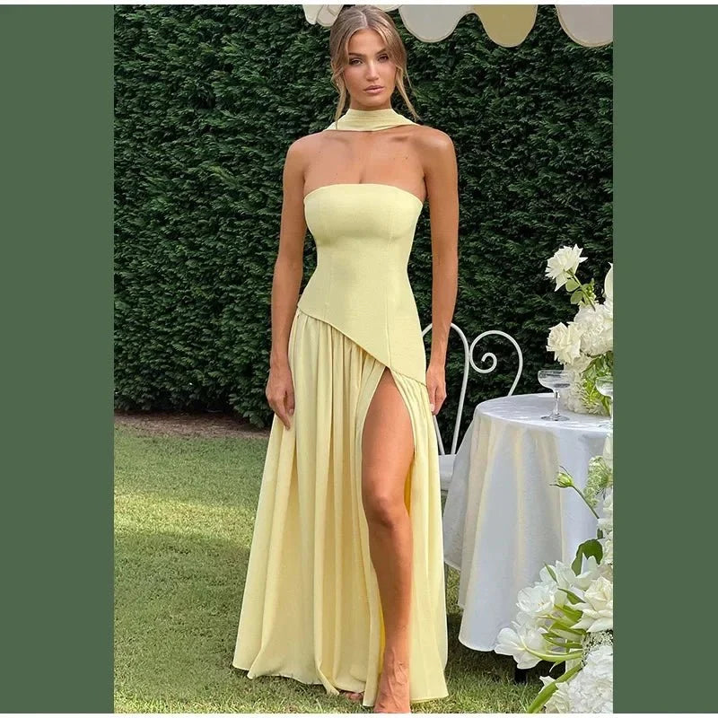 Women's Strapless Backless Maxi Dress with Ribbon Scarf - TrendLux Wear