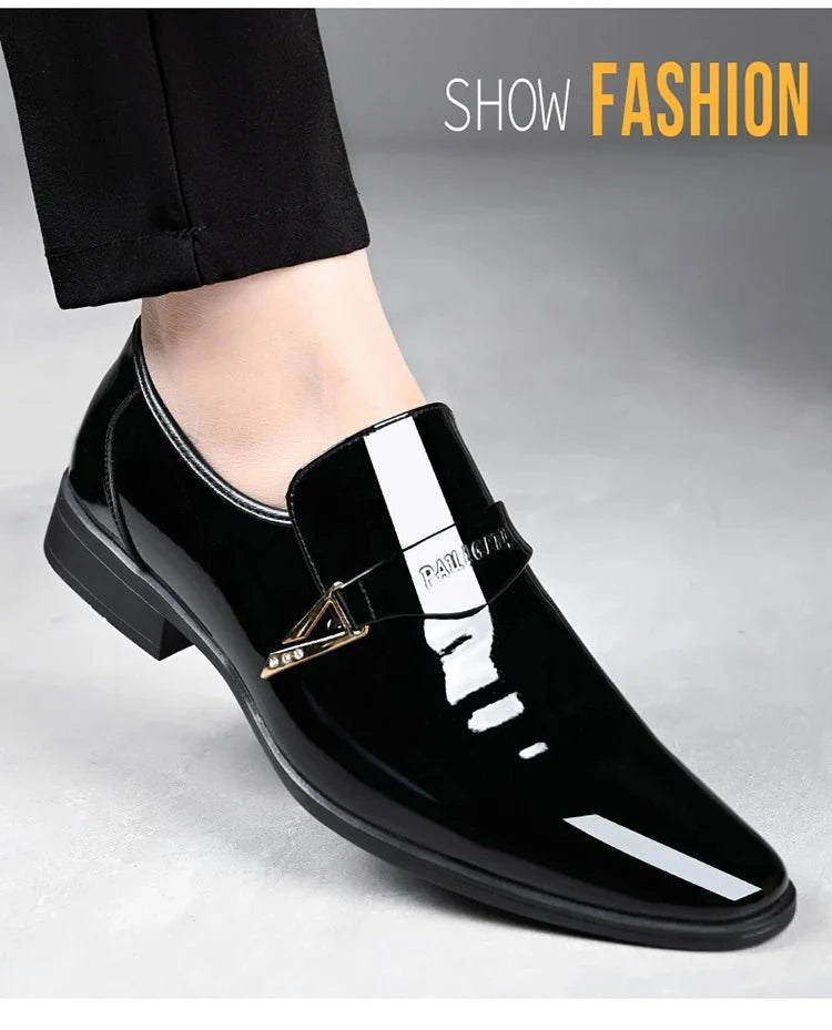 Men's black patent leather pointed toe loafers by TrendLux Wear, slip-on dress shoes for business casual or formal occasions.