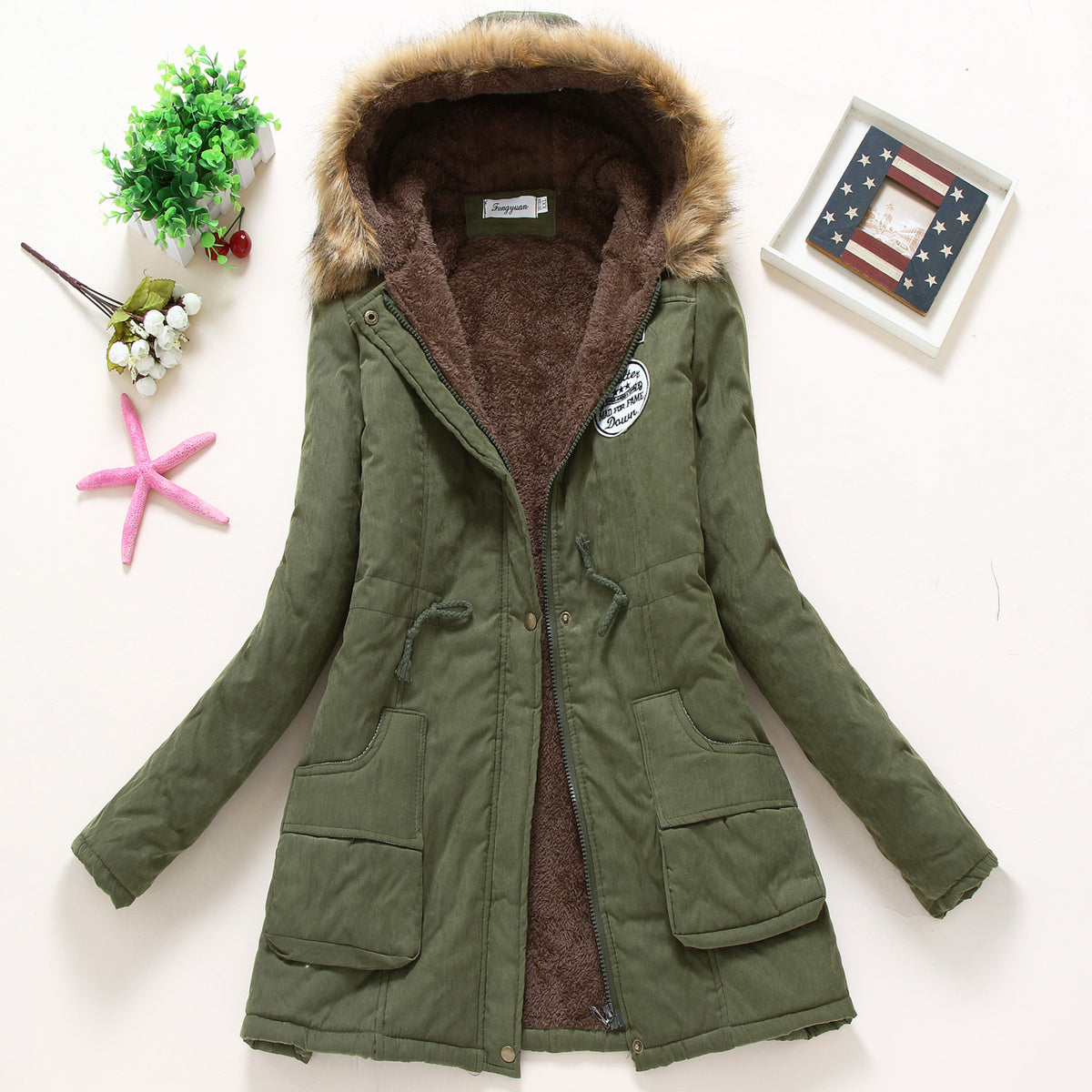 Women’s Military Hooded Puffer Parka – Cotton-Filled Fur-Trimmed Winter Coat