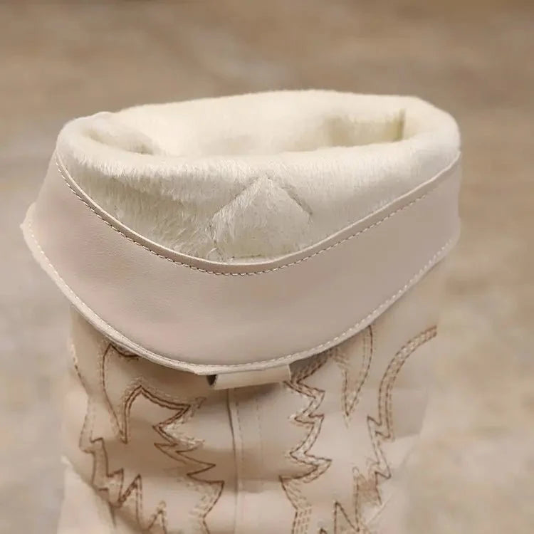 Women's beige block heel cowboy boots by TrendLux Wear, mid-calf Western boots with vintage country style, sizes 36–42.