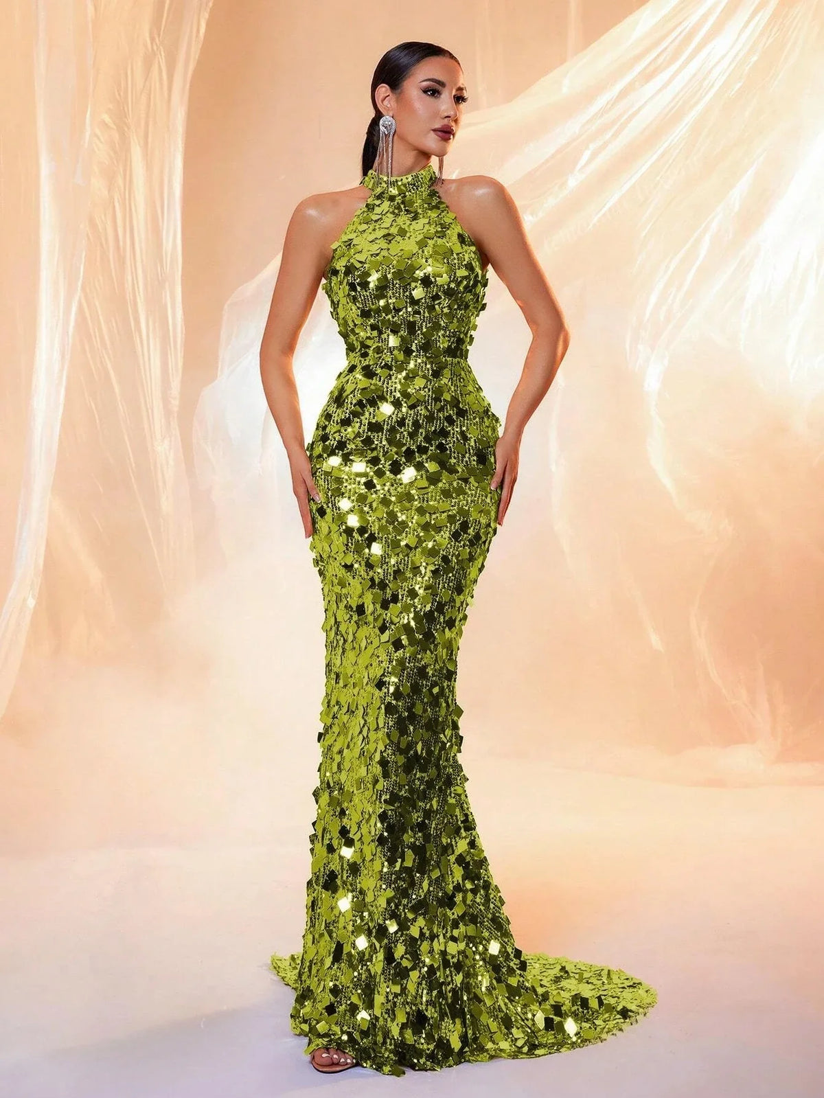 Brown Sequin Halter Backless Maxi Evening Dress - TrendLux Wear
