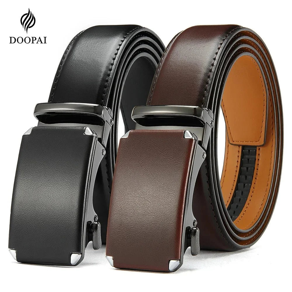 Men's leather ratchet belt with automatic buckle from TrendLux Wear, adjustable waistband, 105–135cm length, stylish and durable.