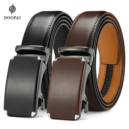 Men's leather ratchet belt with automatic buckle from TrendLux Wear, adjustable waistband, 105–135cm length, stylish and durable.