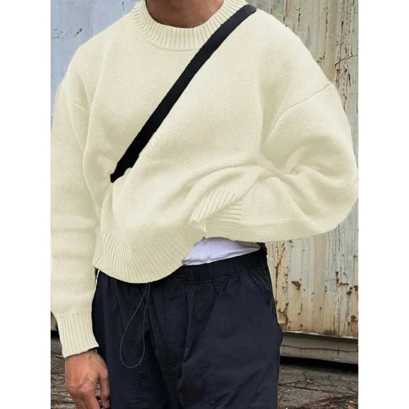 TrendLux Wear minimalist fleece-lined crew neck knit sweater in slim fit, available in four colors, showcasing its cozy, stylish design.