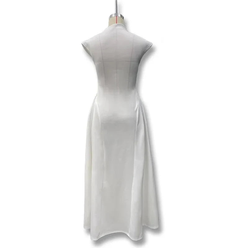 Women's sleeveless polyester A-line prom dress by The Glow Sanctuary, solid color, elegant and suitable for parties.