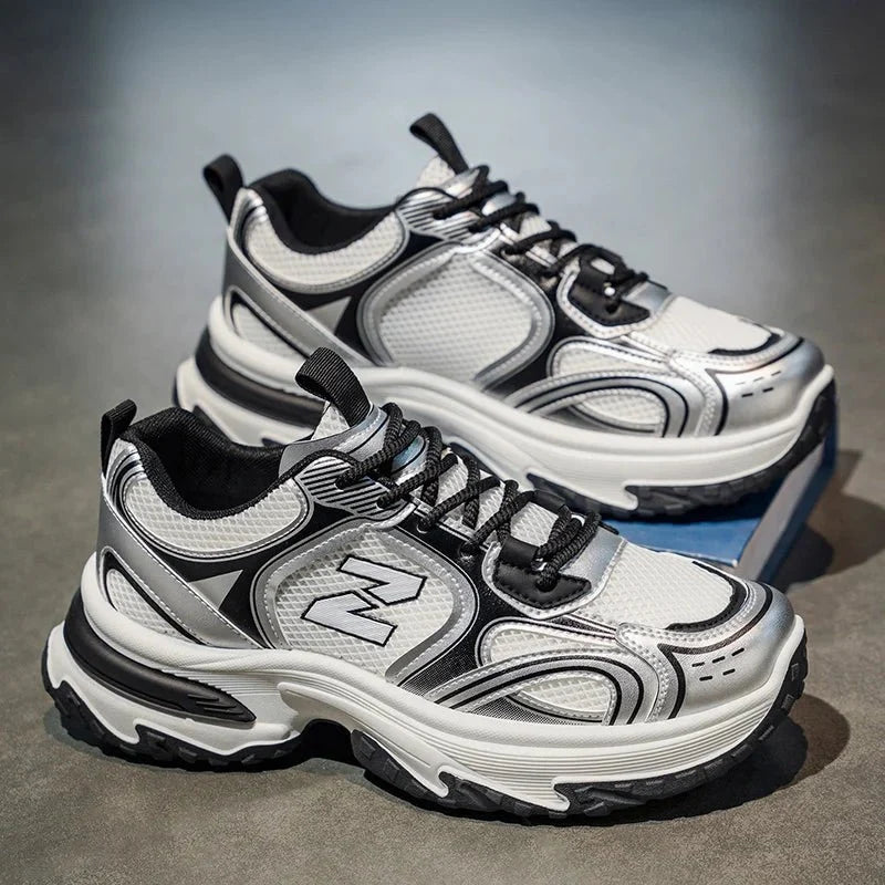 Men's chunky dad sneakers with mesh and leather upper in beige, gray, and silver by TrendLux Wear.