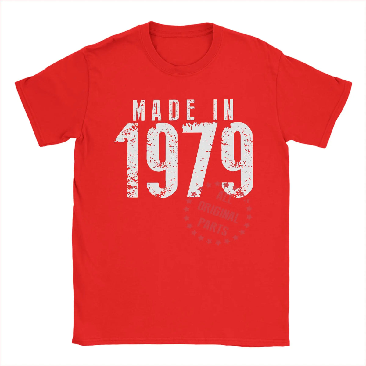 Men's vintage 1979 birthday T-shirt from TrendLux Wear in khaki, burgundy, or army green, featuring retro graphic design.