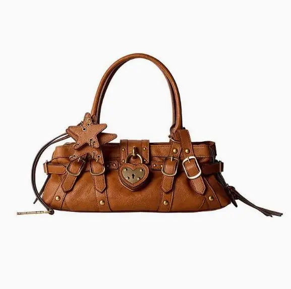 Brown retro handbag featuring rivet details, a heart-shaped lock, and a star-shaped applique. Includes a single handle and crossbody strap.