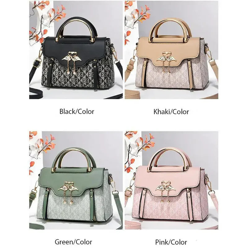 Four stylish handbags: a black embossed bag, a khaki bag with gold accents, a green bag with gold handles, and a pink bag.