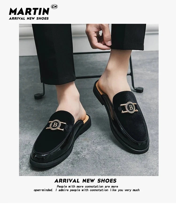 Men's black faux suede slip-on mules by TrendLux Wear, breathable summer casual loafers with a sleek design and comfortable fit.