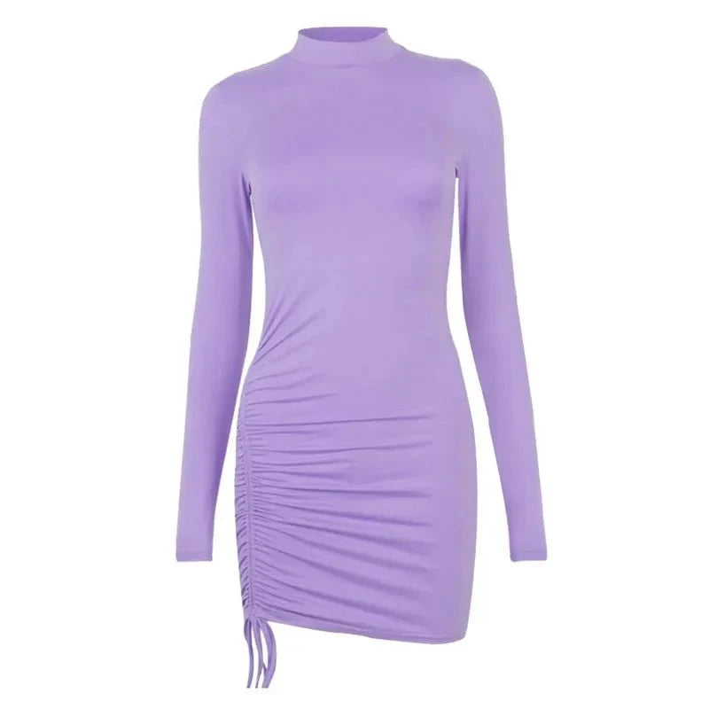 Women's polyester-spandex drawstring O-neck bodycon dress by The Glow Sanctuary, shown in a sleek, fitted style.