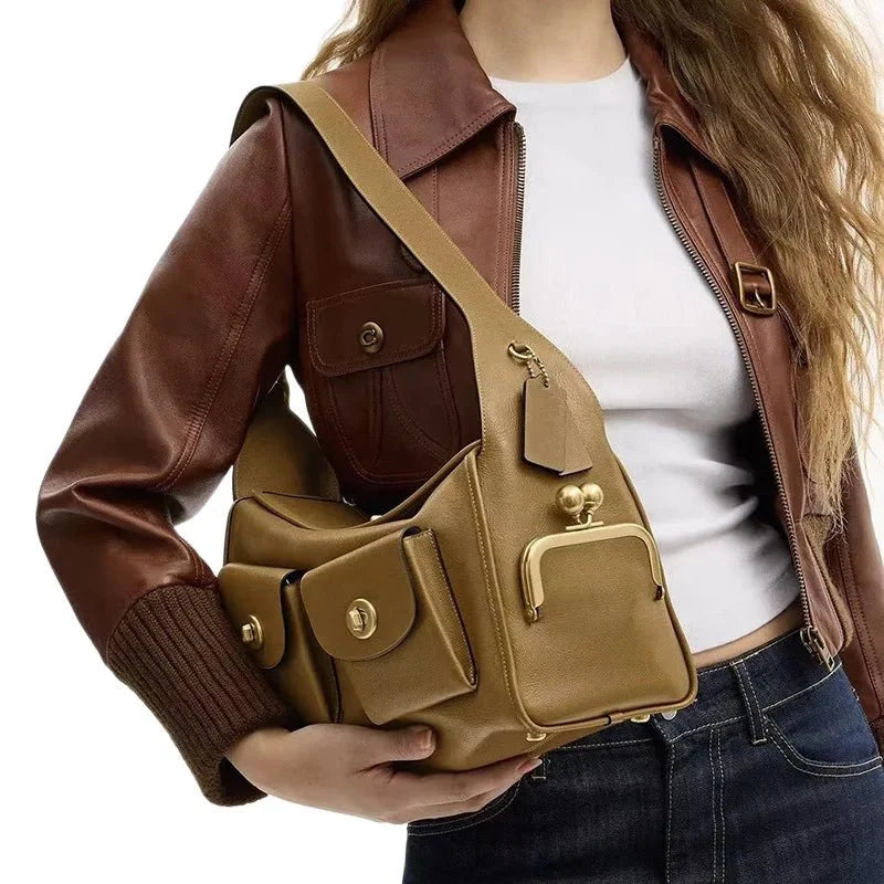 Women's vintage leather handbag by TrendLux Wear with large capacity, featuring classic design and sturdy leather construction.
