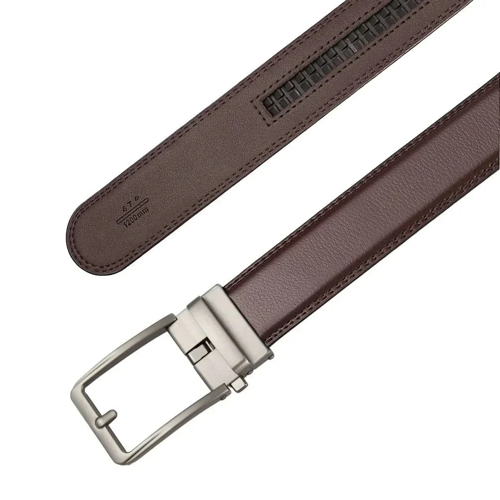 Men's genuine leather belt with luxury automatic buckle in brown and black, adjustable 105–170cm, from TrendLux Wear.