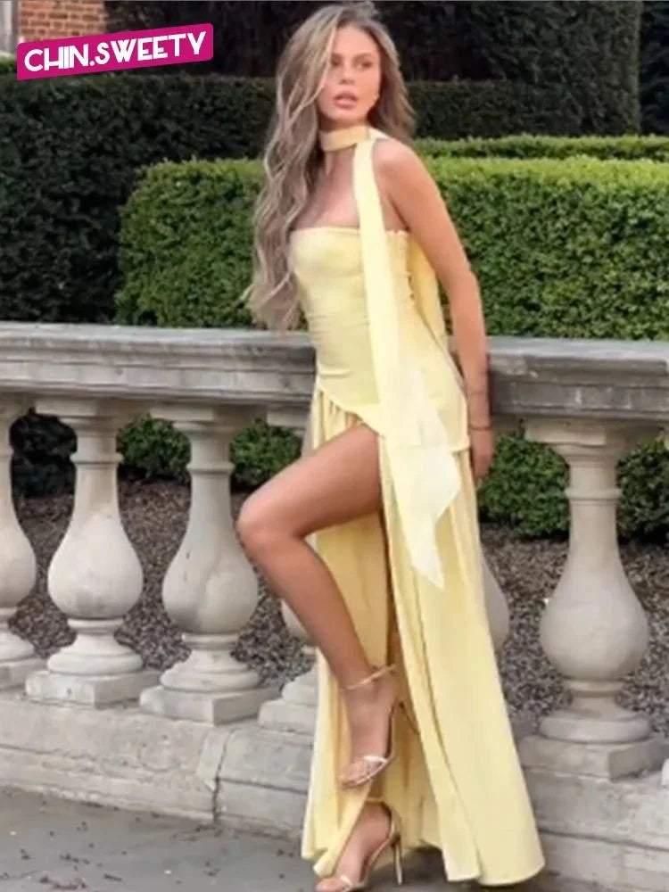 Women's Strapless Backless Maxi Dress with Ribbon Scarf - TrendLux Wear