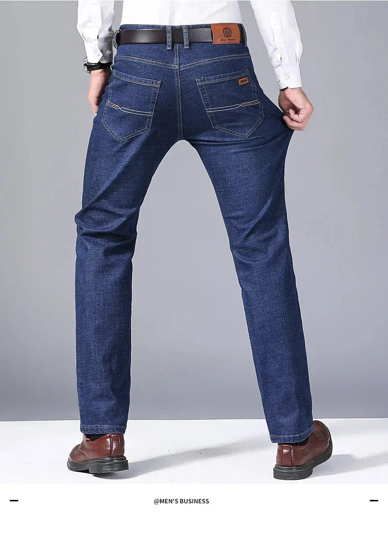 Men's black slim fit biker jeans by TrendLux Wear, classic straight leg style, shown in size 32 with detailed stitching.