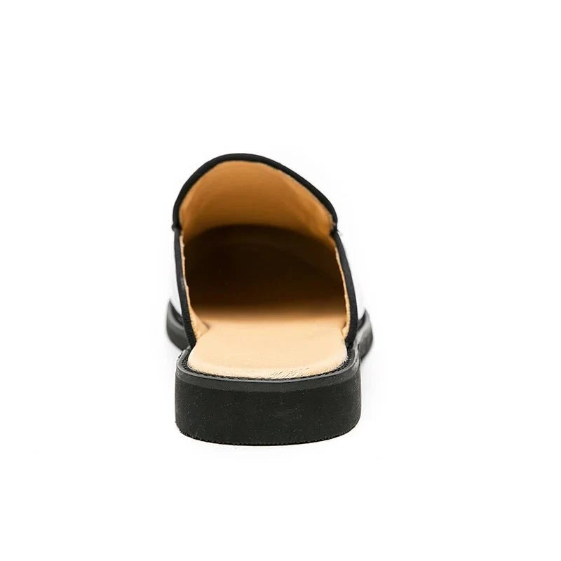 Men's black faux suede slip-on mules by TrendLux Wear, casual loafers with breathable design and comfortable fit in EU sizes 35-47.