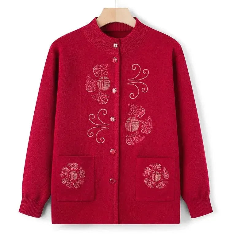 Women's vintage printed knit cardigan coat from TrendLux Wear, featuring a cozy knitwear design with colorful pattern details.