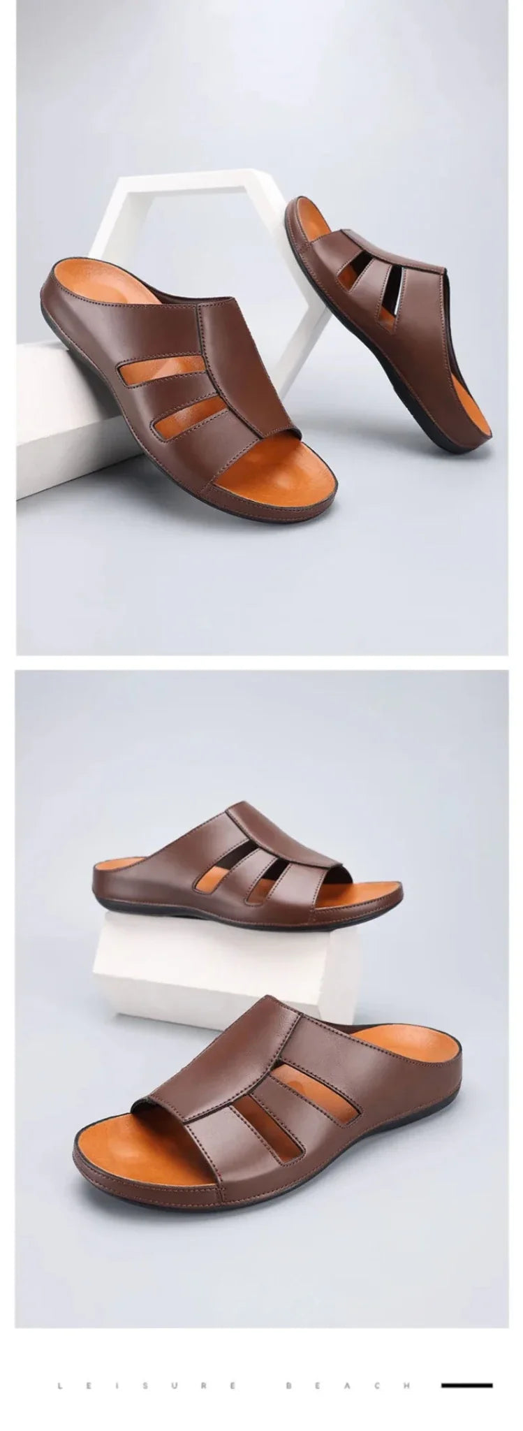 Men's luxury handmade leather peep-toe slippers by TrendLux Wear, casual beach slides in EU sizes 40 to 46, featuring sleek design.