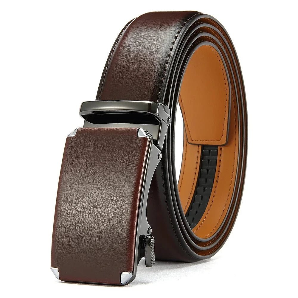 Men's leather ratchet belt with automatic buckle from TrendLux Wear, adjustable waistband, in sizes 105–135cm.