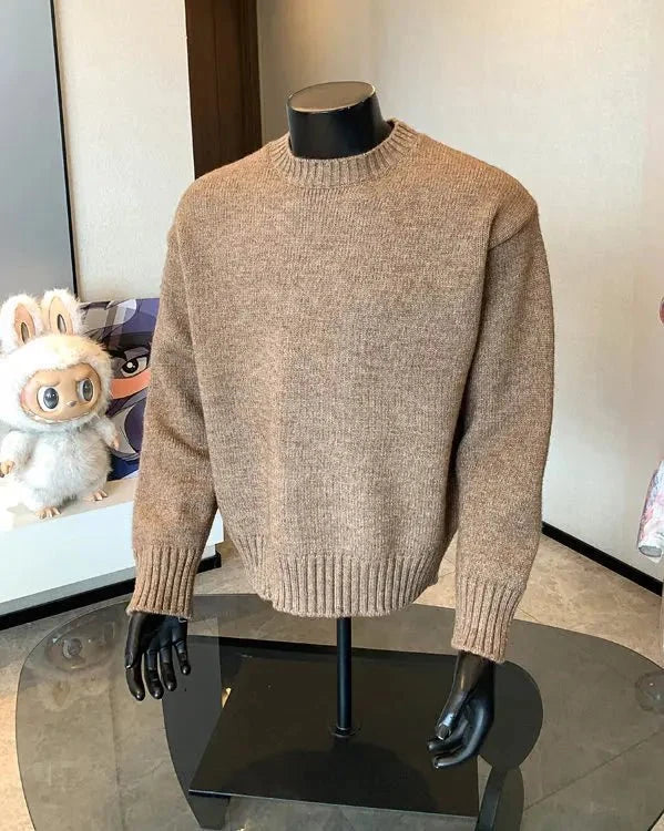 Men's cashmere-blend round neck pullover sweater by TrendLux Wear, shown in a cozy autumn winter style available in five colors.