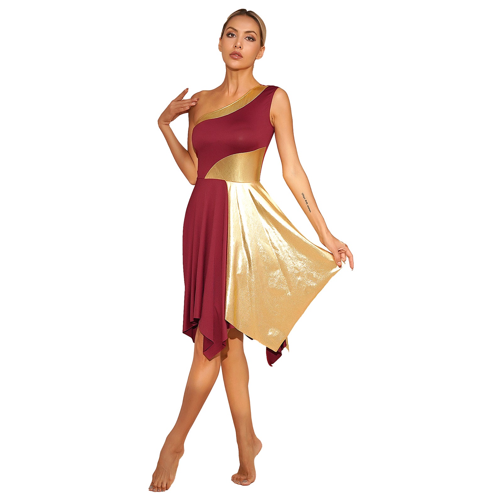 TrendLux Women's Polyester-Spandex One-Shoulder Metallic Lyrical Dance Worship Dress