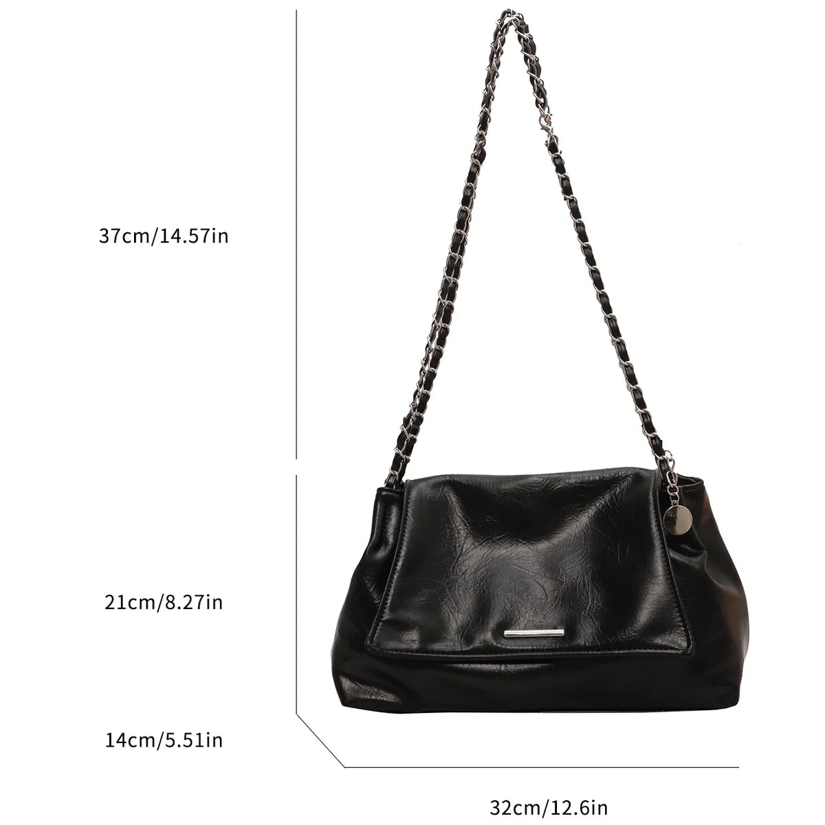 Black soft leather shoulder bag with a silver chain strap and flap pocket, featuring a casual tote shape.