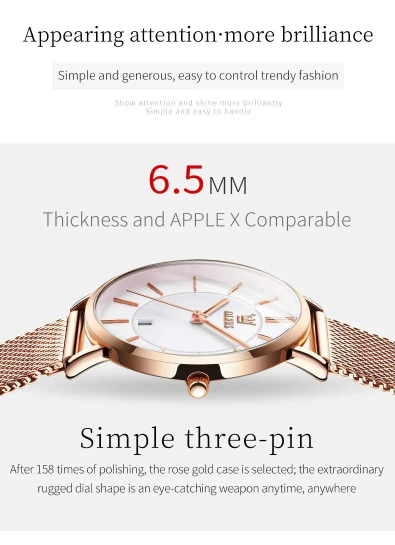 TrendLux Wear women's rose gold stainless steel quartz watch with elegant bracelet design and luxury style.