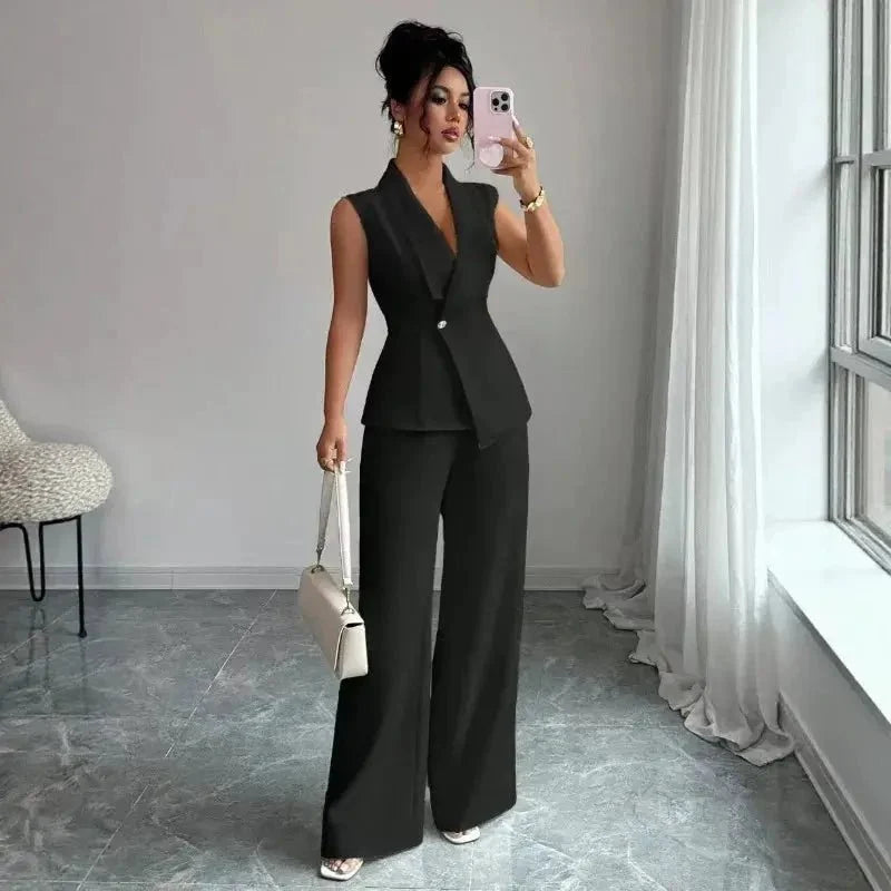 Women's spring sleeveless 2-piece suit by TrendLux Wear, featuring a stylish blazer and matching pants ensemble.