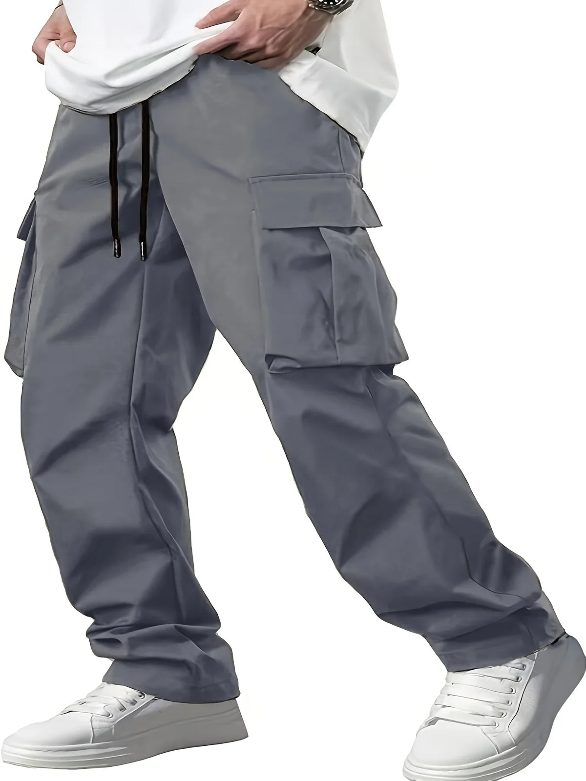 Men's loose straight cargo pants by TrendLux Wear with multiple pockets, in a versatile workwear style, shown in a neutral color.
