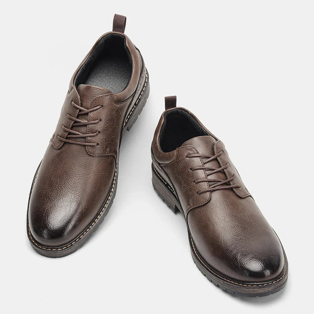 Brown leather men's derby shoes with round toe, lace-up closure, and rubber sole, suitable for formal occasions.