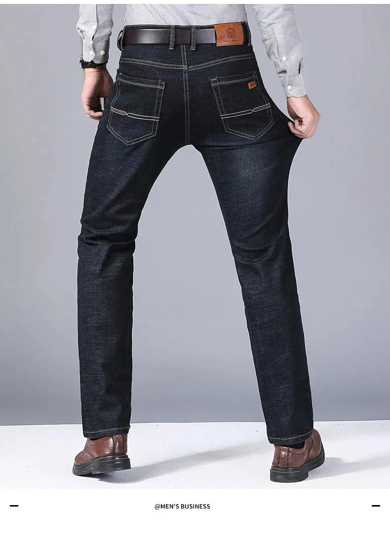 Men's slim fit black biker jeans by TrendLux Wear, classic straight-leg style, available in sizes 30 to 38.