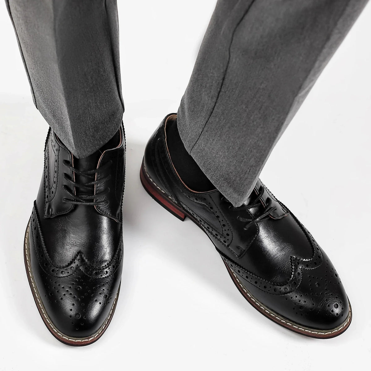 Men's lace-up brogue dress shoes by TrendLux Wear, formal leather oxfords in black and brown with detailed brogue pattern