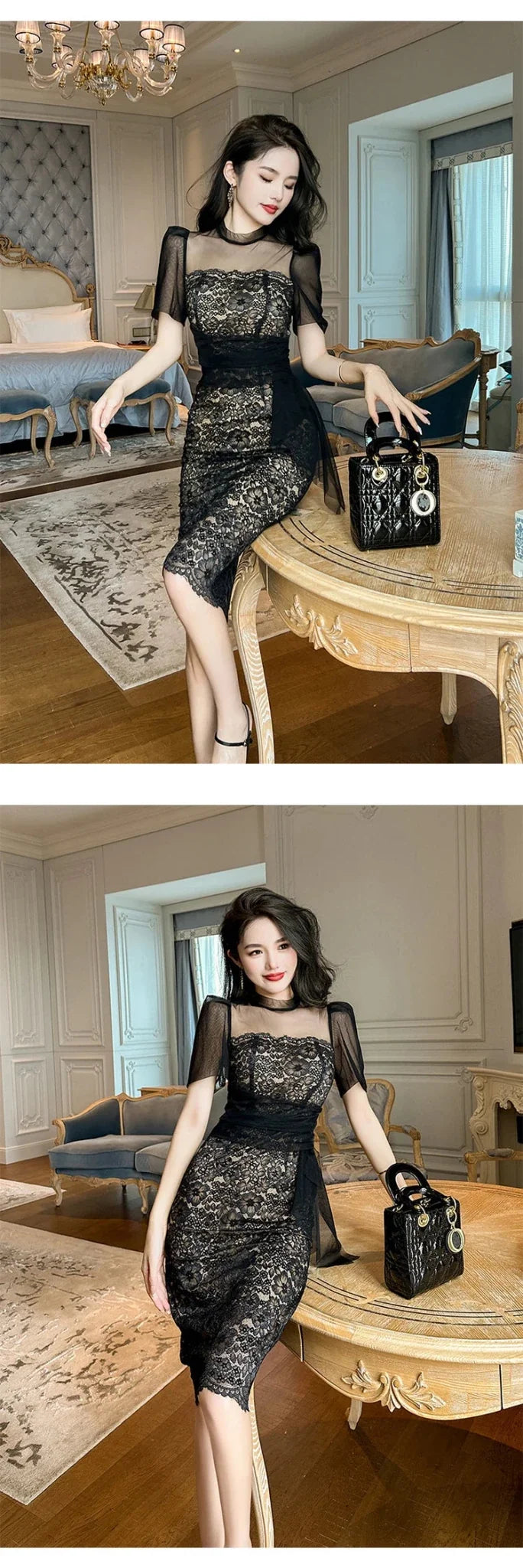 Women's Black & Lavender Lace Bodycon Midi Dress | Party & Date Night - TrendLux Wear