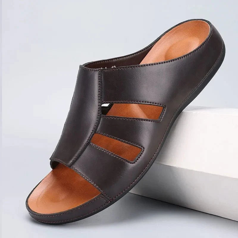 Men's luxury handmade leather peep-toe slippers by TrendLux Wear, casual beach slides in EU sizes 40 to 46, shown in black leather.