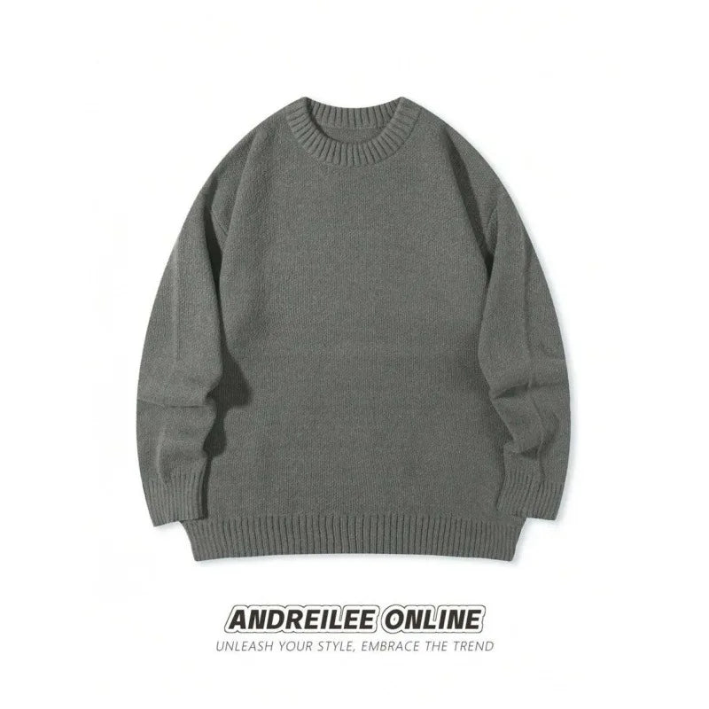TrendLux Wear minimalist fleece-lined crew neck knit sweater in slim fit, available in four colors, shown in navy blue.