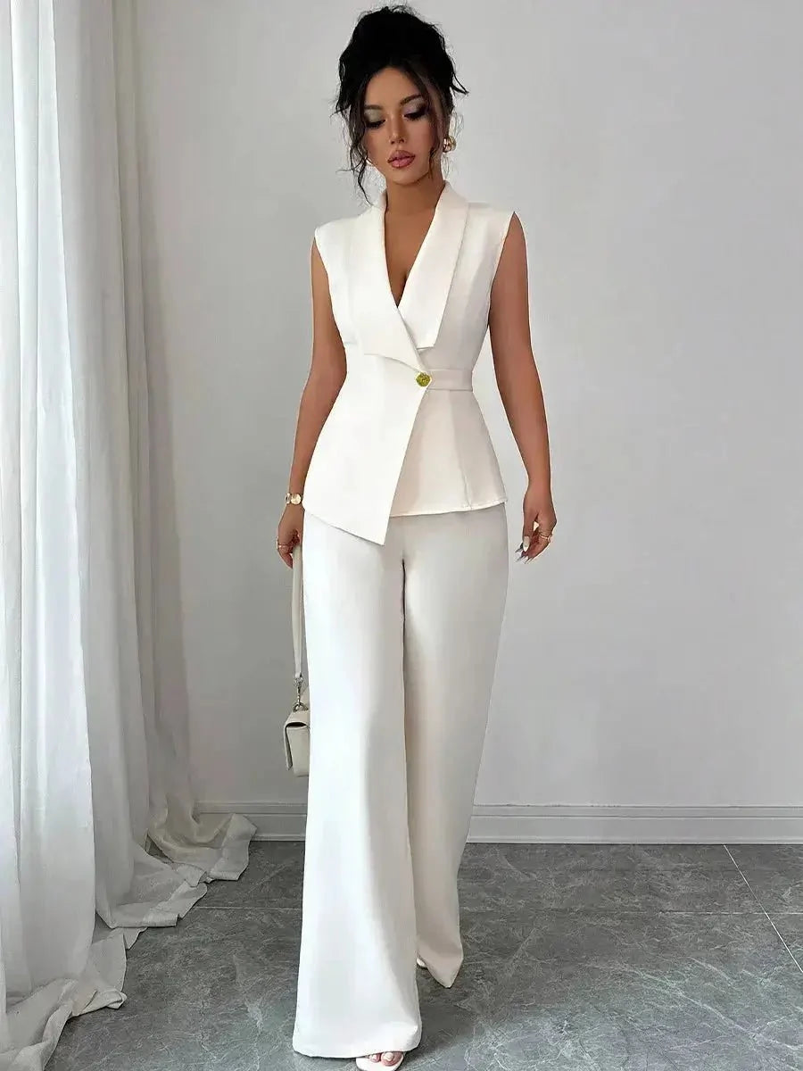 Women's spring sleeveless 2-piece suit by TrendLux Wear, featuring a stylish, lightweight design perfect for warm weather.