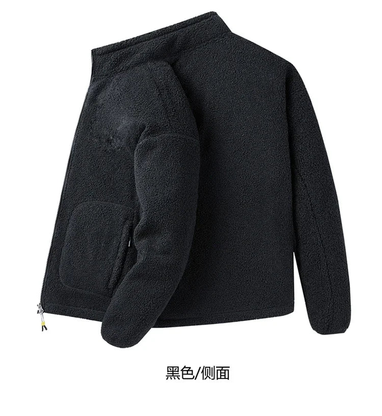 Men's loose fleece streetwear jacket with stand collar in plus sizes, by TrendLux Wear, shown in black fabric.