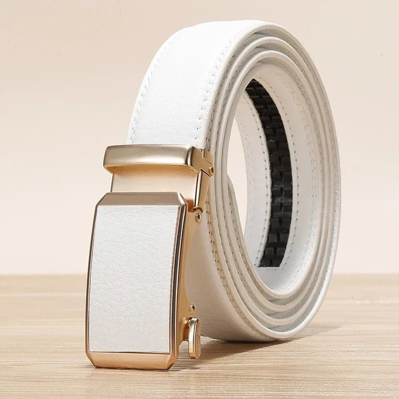 Women's genuine leather belt by TrendLux Wear, featuring a sleek design with a polished buckle and smooth leather finish.